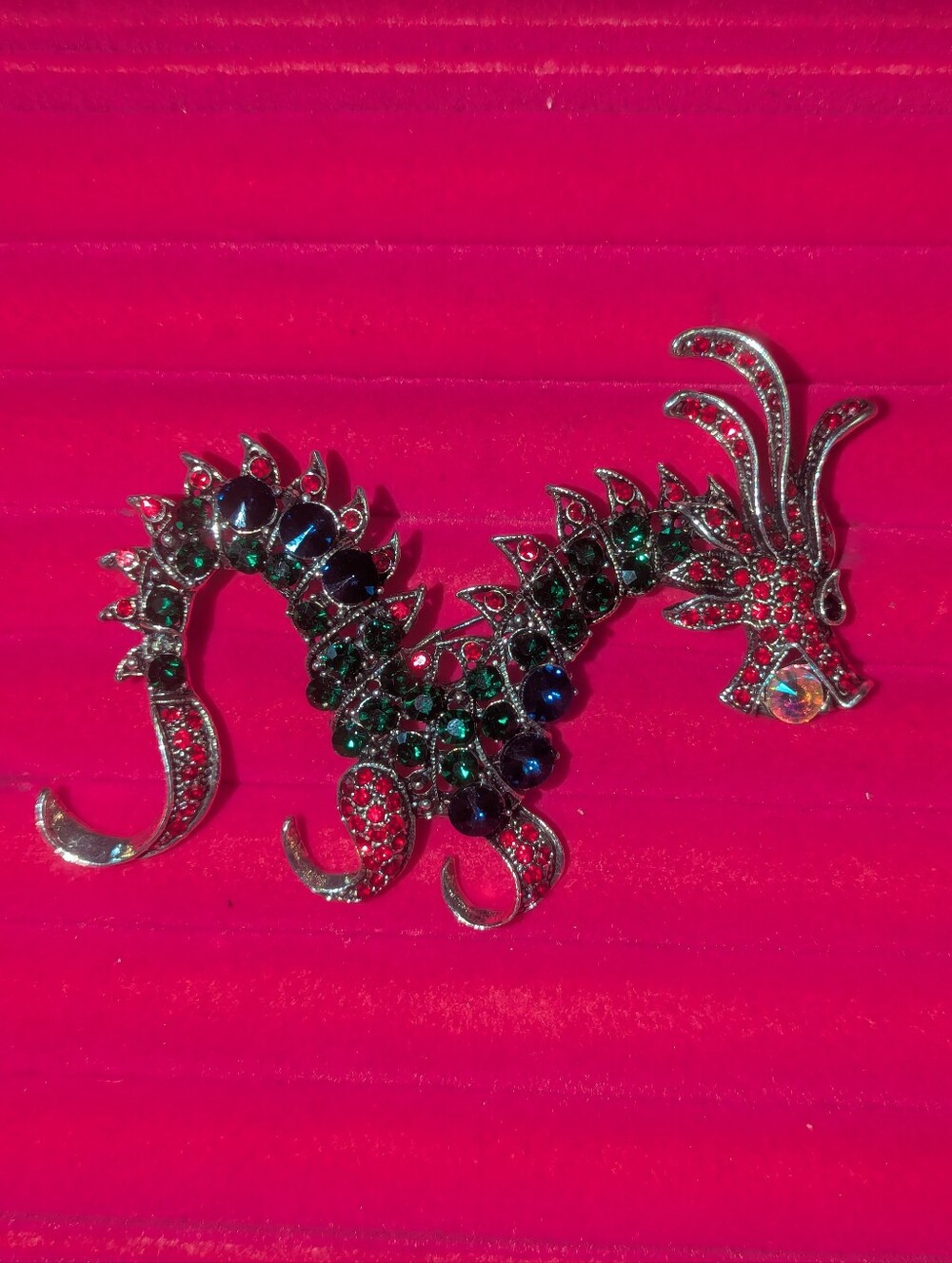 XL Crystal Dragon Brooch - Green and Red Gem Accent